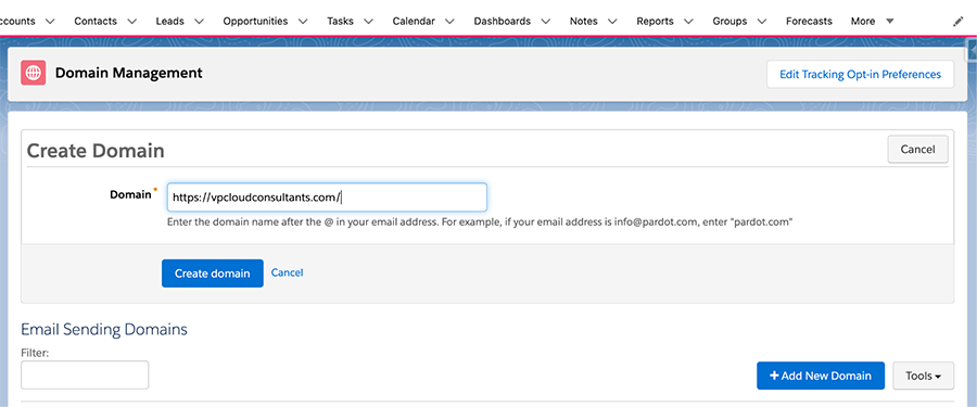 setup email domain in pardot